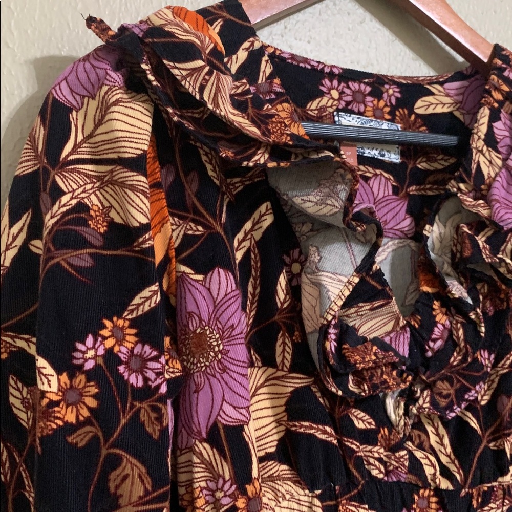 Pilcro Tiered Corduroy Floral Ruffle Mini Dress Long Sleeve SP - Picture 3 of 7